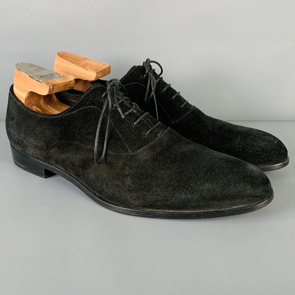 PRADA Size 8 Black Suede Pointed Toe Lace-Up Shoes - Picture 1 of 10